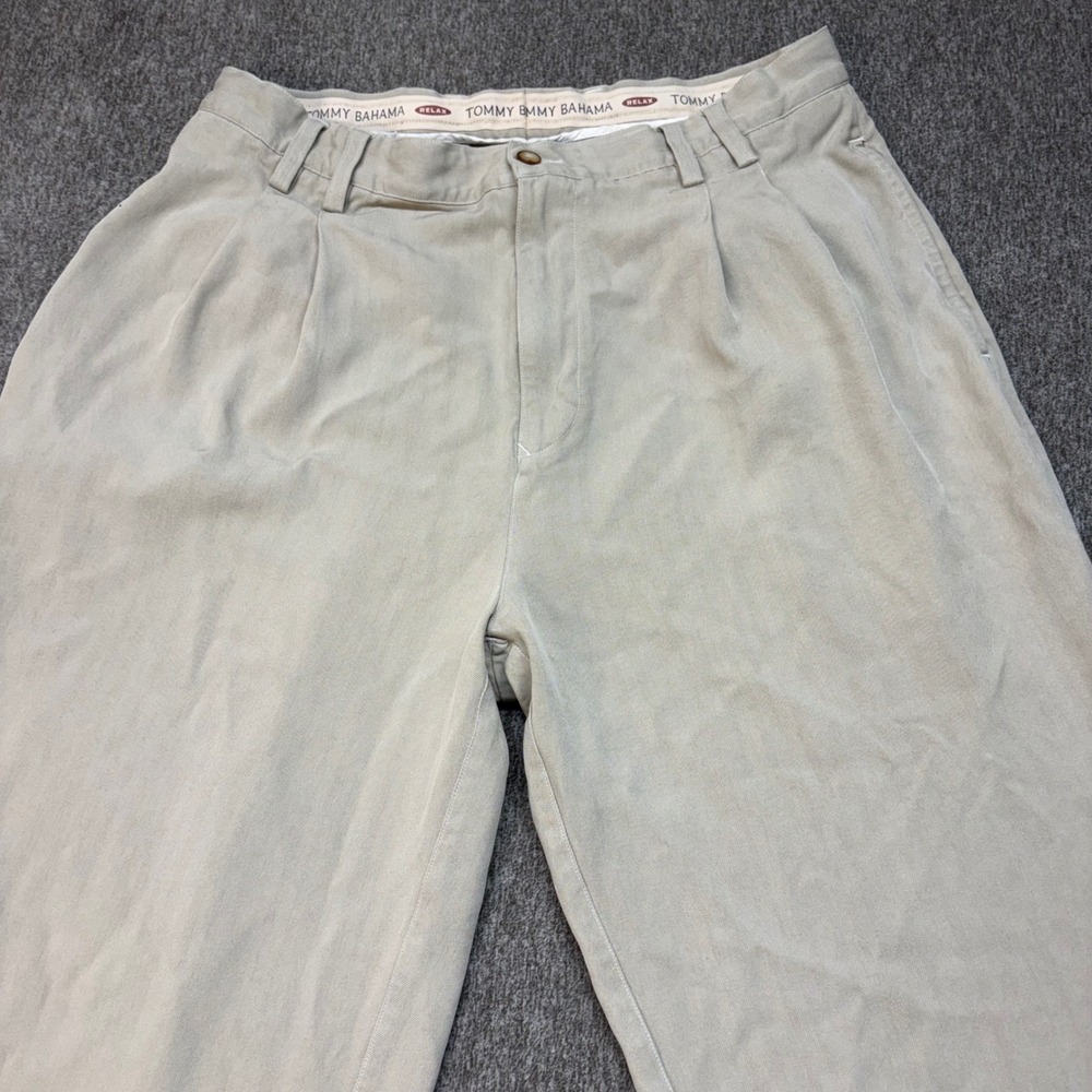 Tommy Bahama‎ Relax Mens 36 Khaki 100% Silk Herringbone Pleated Trousers Pants